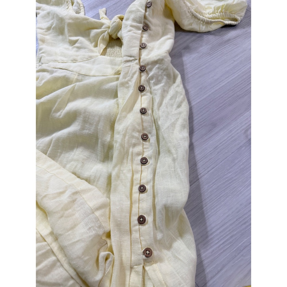 Free People Oasis Midi Dress Yellow Cotton Blend Tie Front Puff Sleeve Medium - Picture 10 of 13